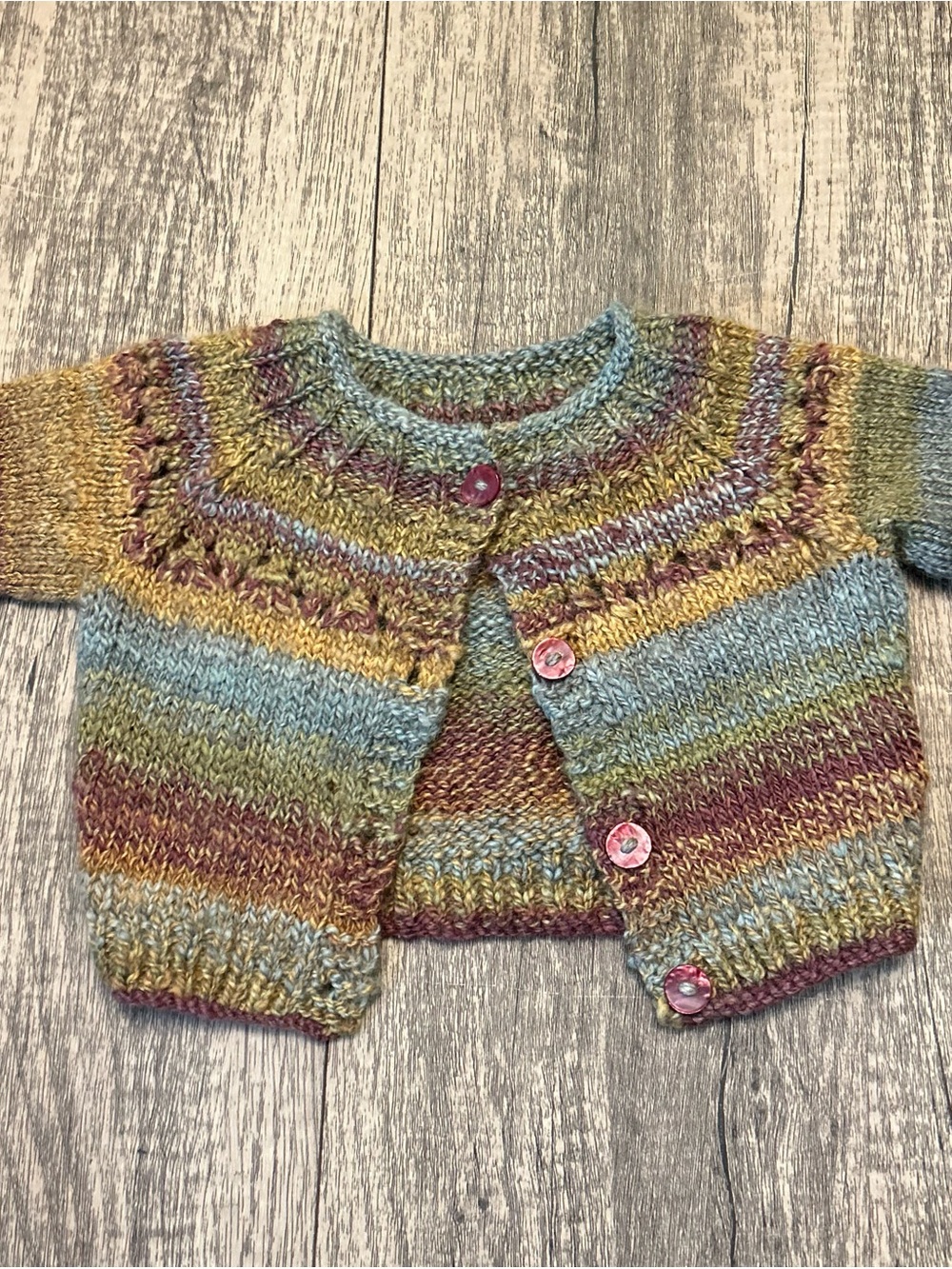 Hand Knitted Baby Cardigan Sweater 6-12M Variegated Multicolor Earth Tone Knit